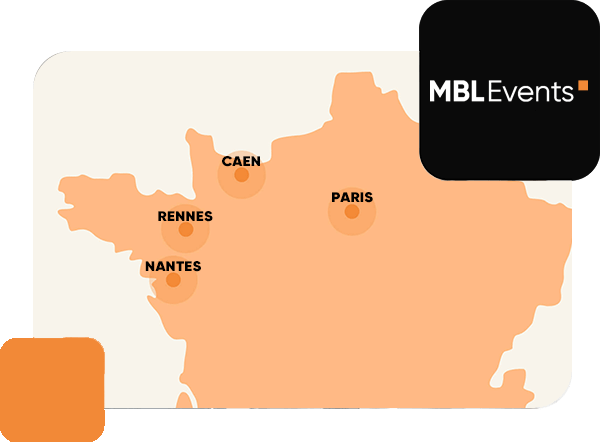 Carte de la France avec des marqueurs sur Caen, Paris, Rennes et Nantes, indiquant les zones de service de l'agence événementielle MBL Events.